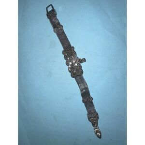 Vintage Silvertone Mesh Crystal Charm Bracelet Filigree Heart Womens Jewelry 7.5